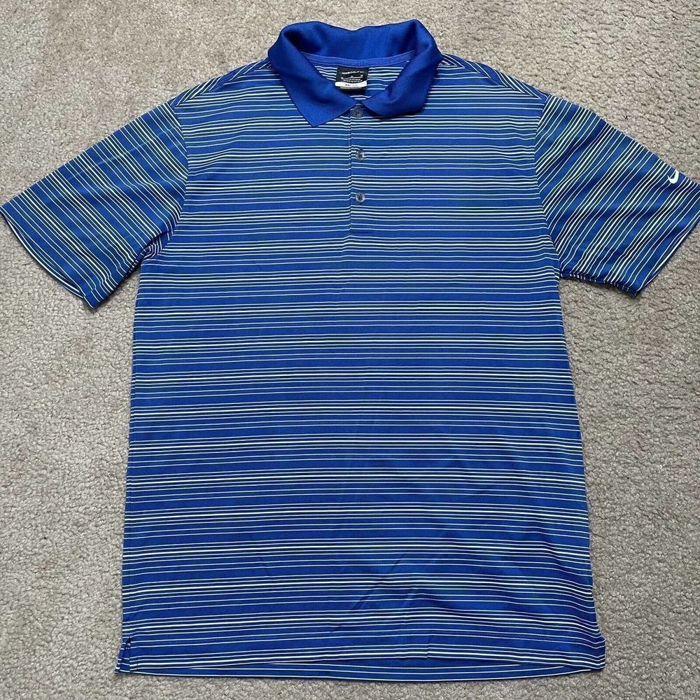 Nike Golf Dri-Fit Blue White Striped Blend Golf Polo Shirt Mens Size Medium